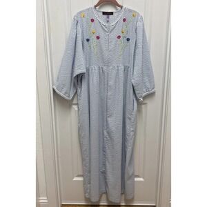 Vintage Stan Herman Seersucker Blue And White Striped Embroidered Dress - 1X